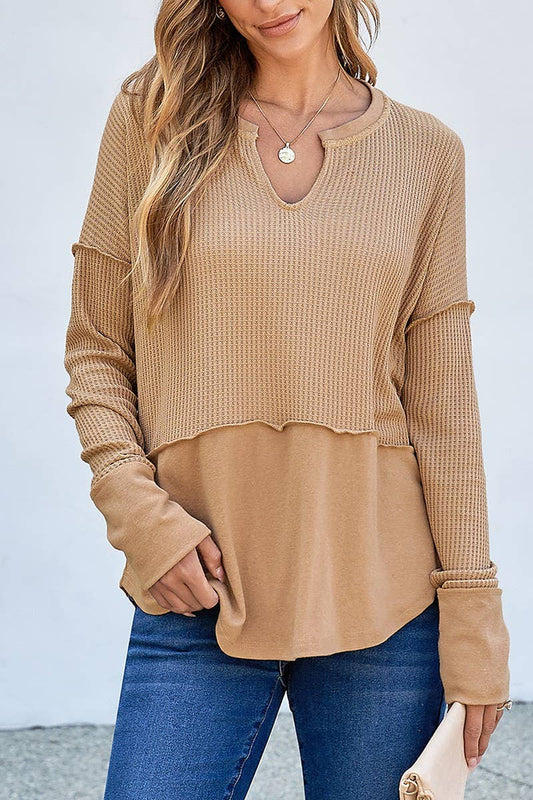 CWTBLL2422_SOLID COLOR PATCHWORK LONGSLEEVE LOOSE SWEATSHIRT