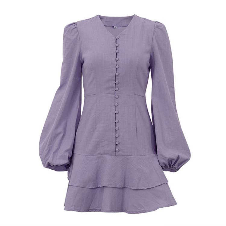 Cotton V-neck long-sleeved purple dress