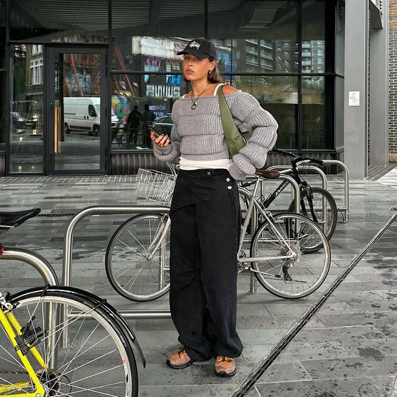 DESIGN SENSE LANTERN SLEEVE SHORT CROP SWEATER