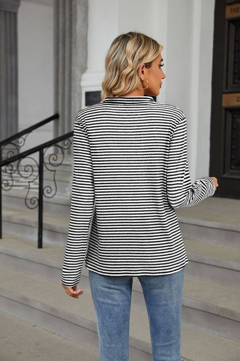 CWTBLL2356_V-NECK BUTTON-DOWN STRIPED CASUAL T-SHIRT TOP