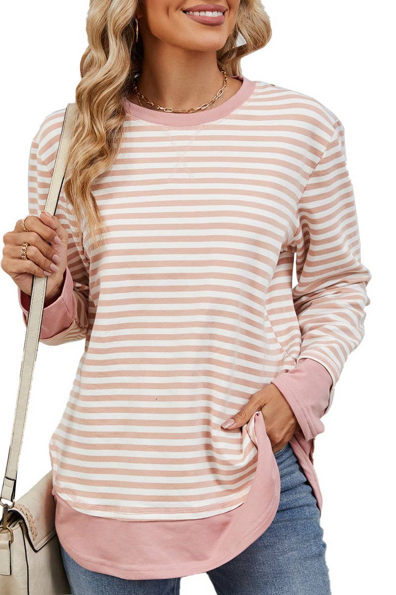 CWTBLL2355_CREW NECK STRIPED COLORBLOCK CASUAL SWEATSHIRT