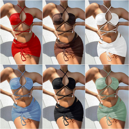 HALTERNECK SPLIT 3-PIECE BIKINI SET | MULTICOLOR