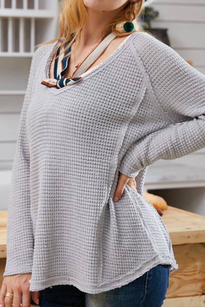 CWTTL1486_Casual V-Neck Loose Fit Long Sleeve Tops