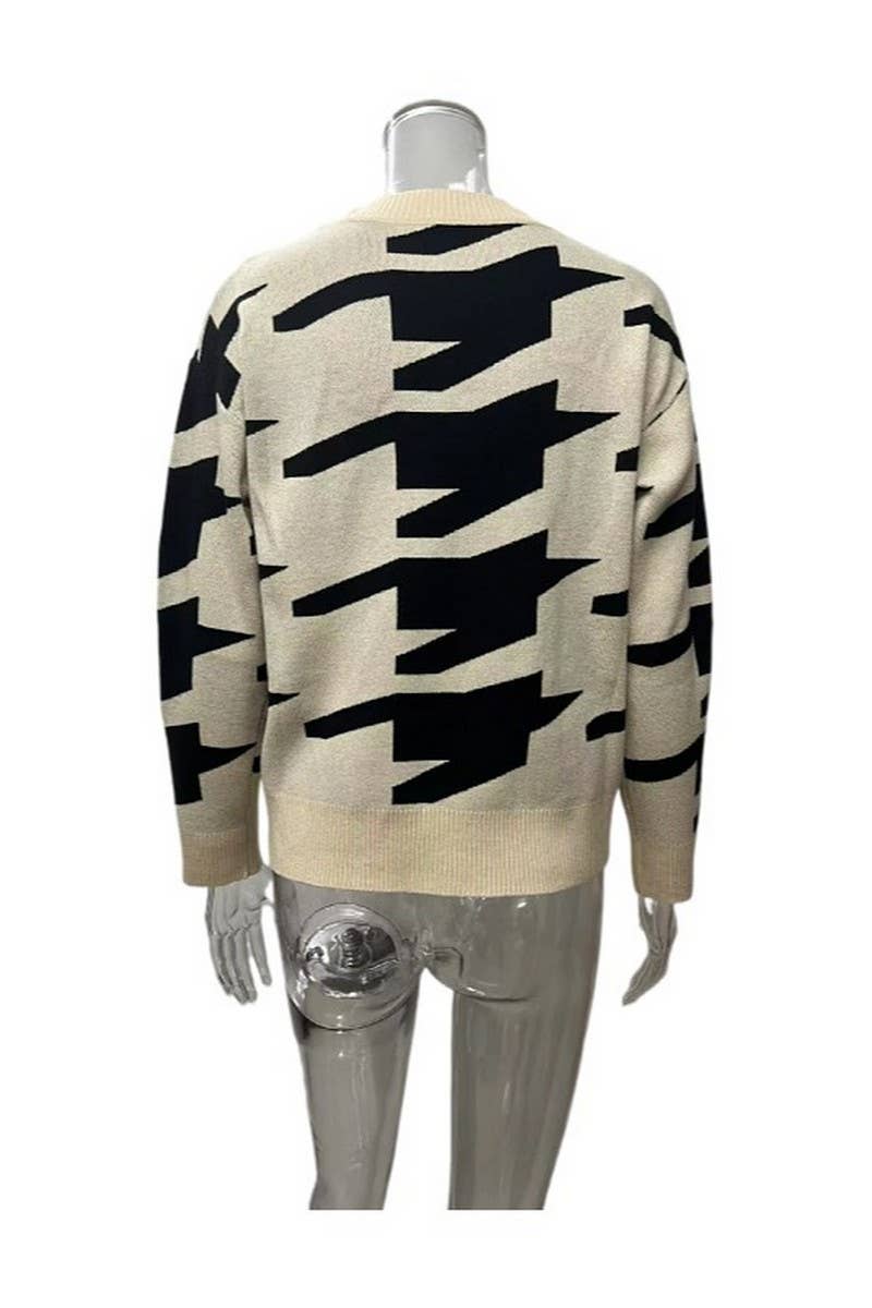 CWOSWL6276_CREW NECK HOUNDSTOOTH KNITTED SWEATER