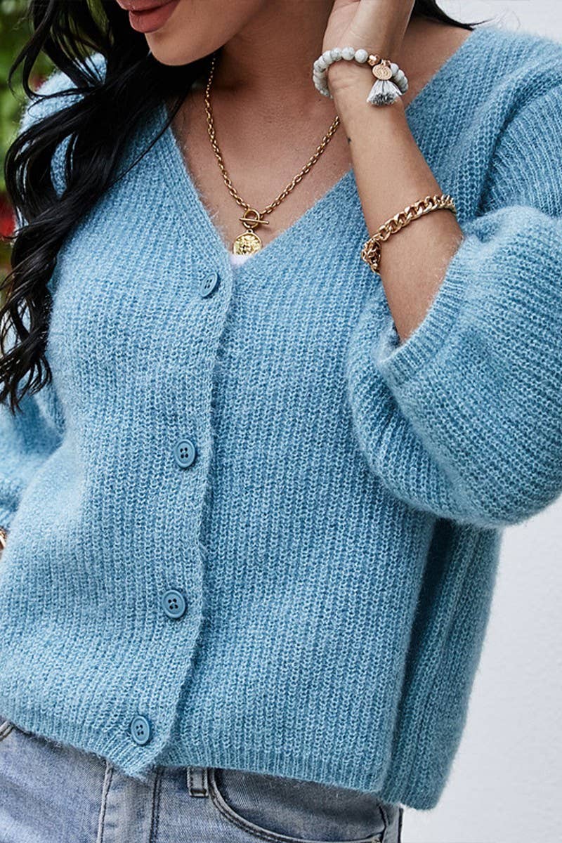 CWOCAL0792_V-NECK 3/4 SLEEVES SHORT KNITTED CARDIGAN