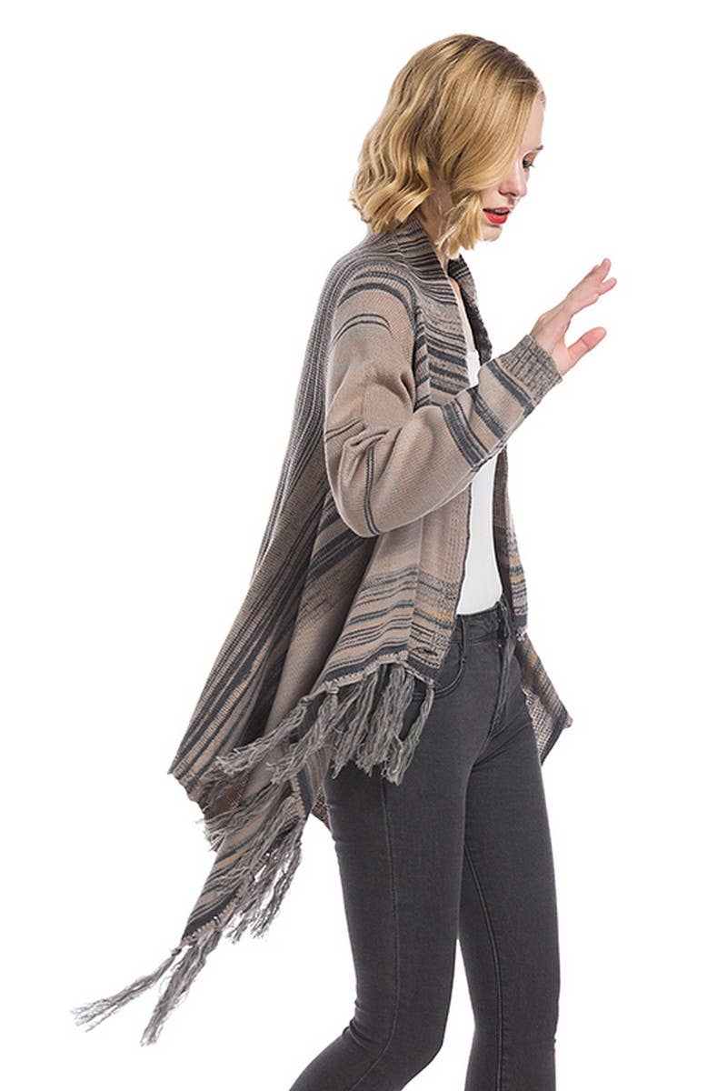 CWOCAL0945_STRIPED LOOSE IRREGULAR TASSEL KNITTED CARDIGAN
