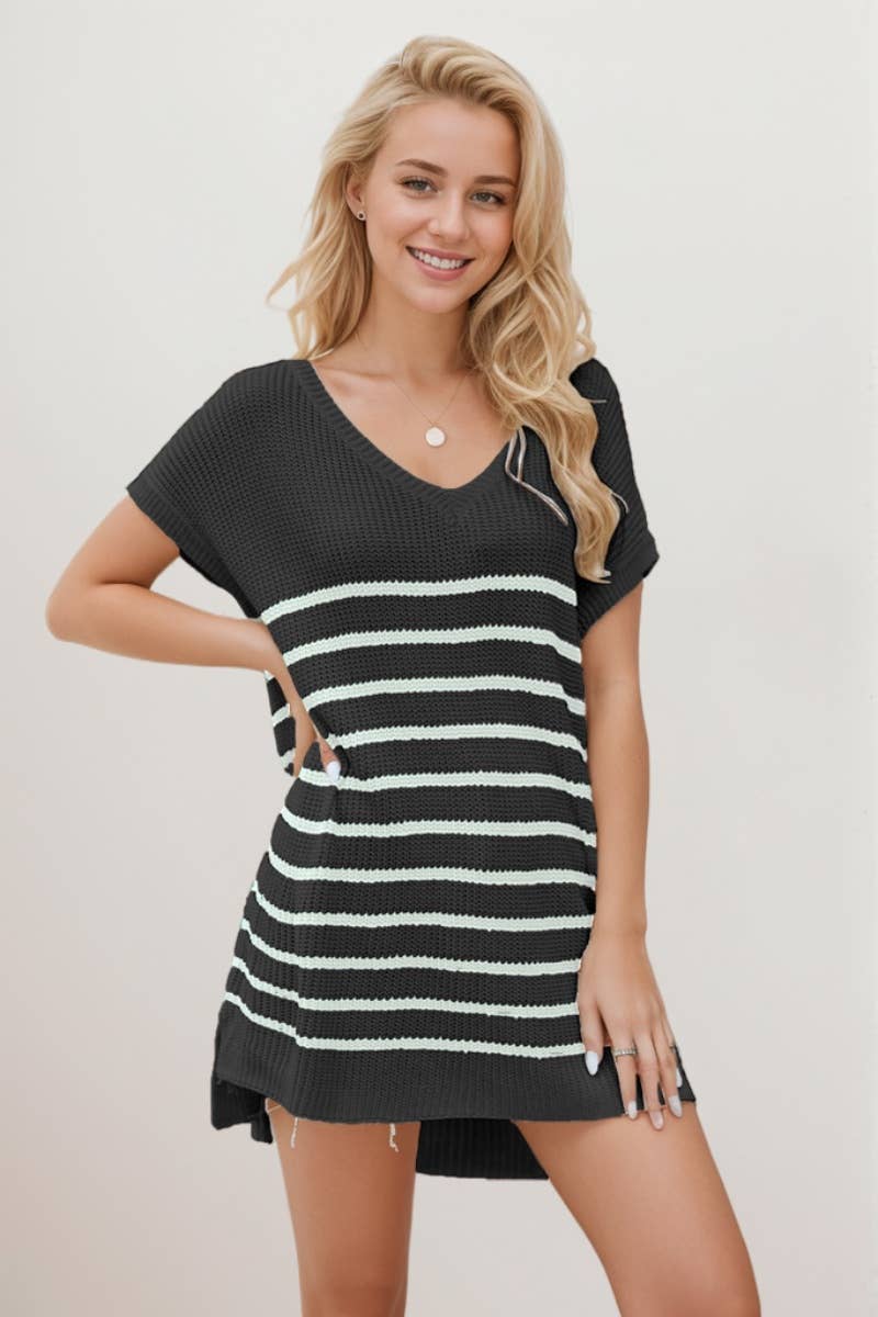 CWDSD3925_V-NECK STRIPED SHORT-SLEEVED KNITTED SHORT DRESS