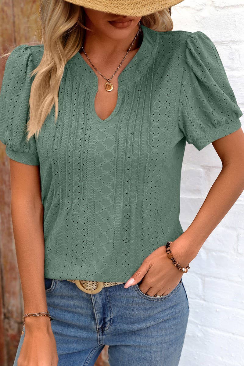 CWTBLS0794_SOLID COLOR V NECK LOOSE SHORT SLEEVED TOP