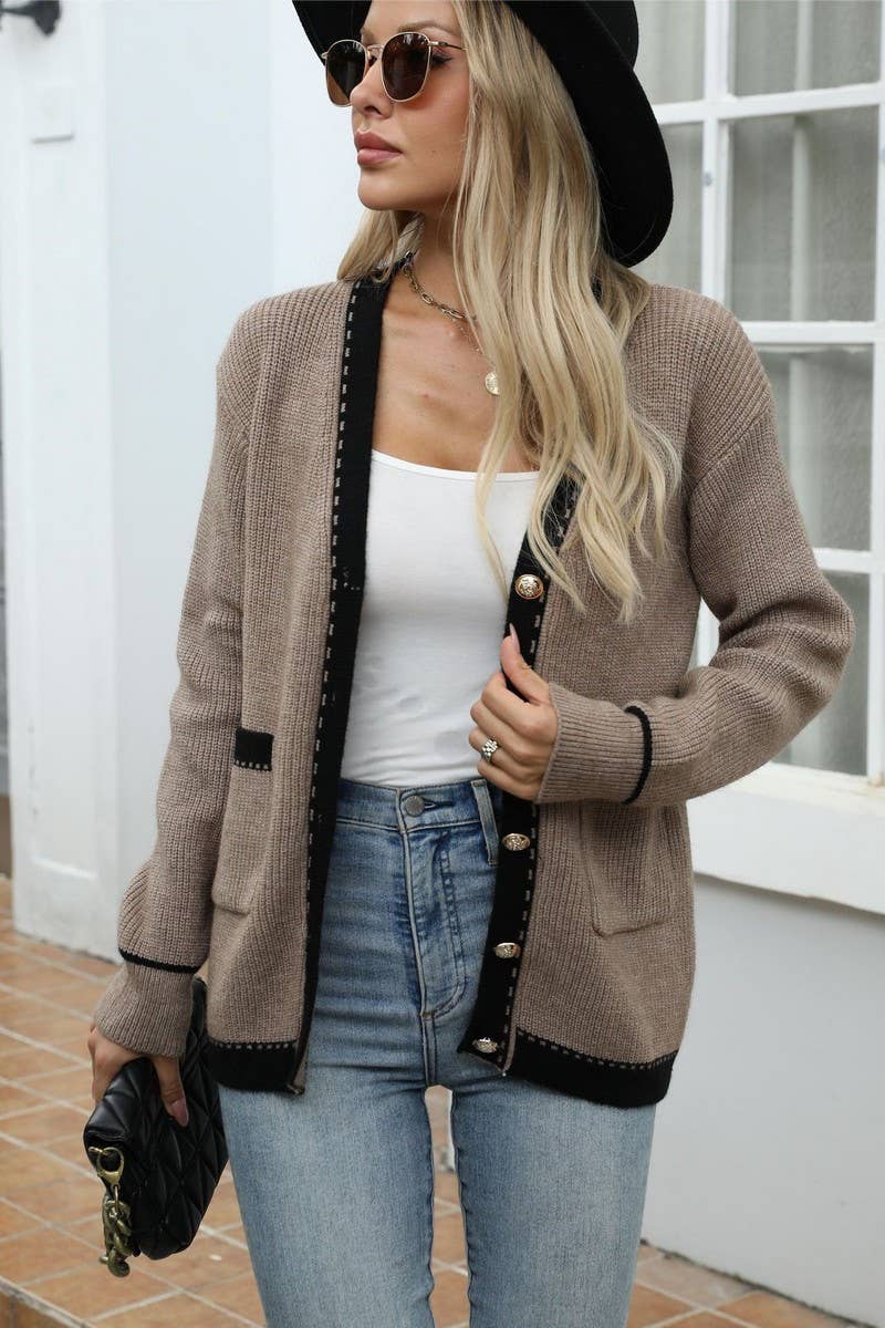 CWOCAL1480_V-NECK SINGLE-BREASTED KNITTED CARDIGAN COAT