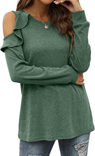 CREW-NECK, OFF-SHOULDER, RUFFLED CASUAL SWEATER