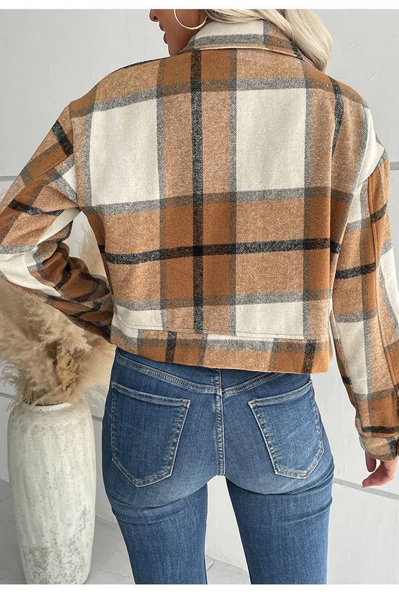 CWOJA0824_CROPPED PLAID CARDIGAN LAPEL JACKET