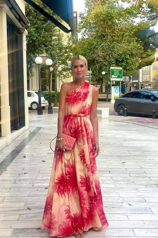 OFF-SHOULDER WAIST-TIED SWING PRINT DRESSCWDMD947