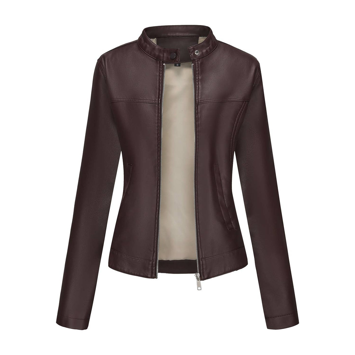 Fashionable stand-up collar short leather jacket