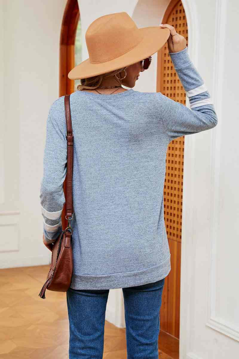 CWOSWL6552_V-NECK LONG SLEEVE STRIPED COLOR MATCHING TOP