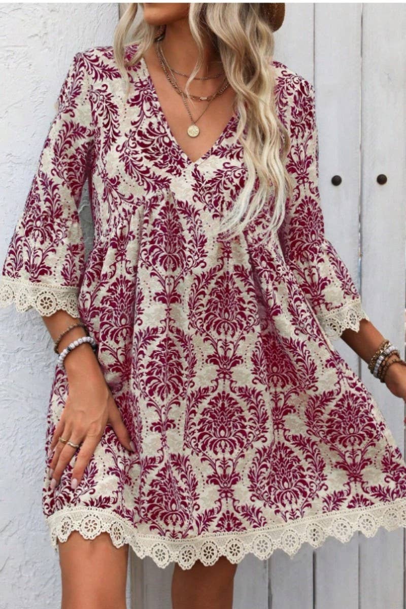 CWDSD8526_FLORAL PRINT V-NECK LACE TRIM 3/4 SLEEVE DRESS