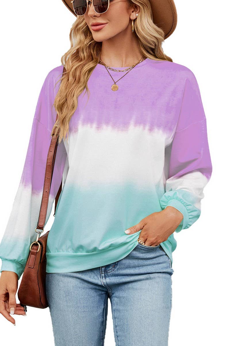 CWTBLL2414_TIE-DYE CONTRAST COLOR CREW NECK LONG SLEEVE TOP