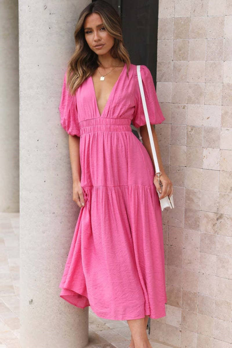 CWDMD1911_WOMEN'S SEXY DEEP V MID-SLEEVE LONG DRESS