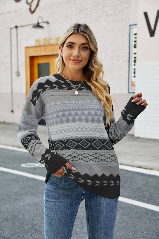 CWOSWL1458_Casual Crew Neck Long Sleeve Pullover Sweater