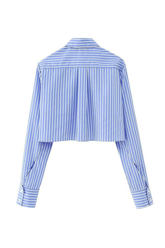 CWTSTL2451_STRIPED LAPEL SINGLE BREASTED CROPPED NAVEL SHIRT