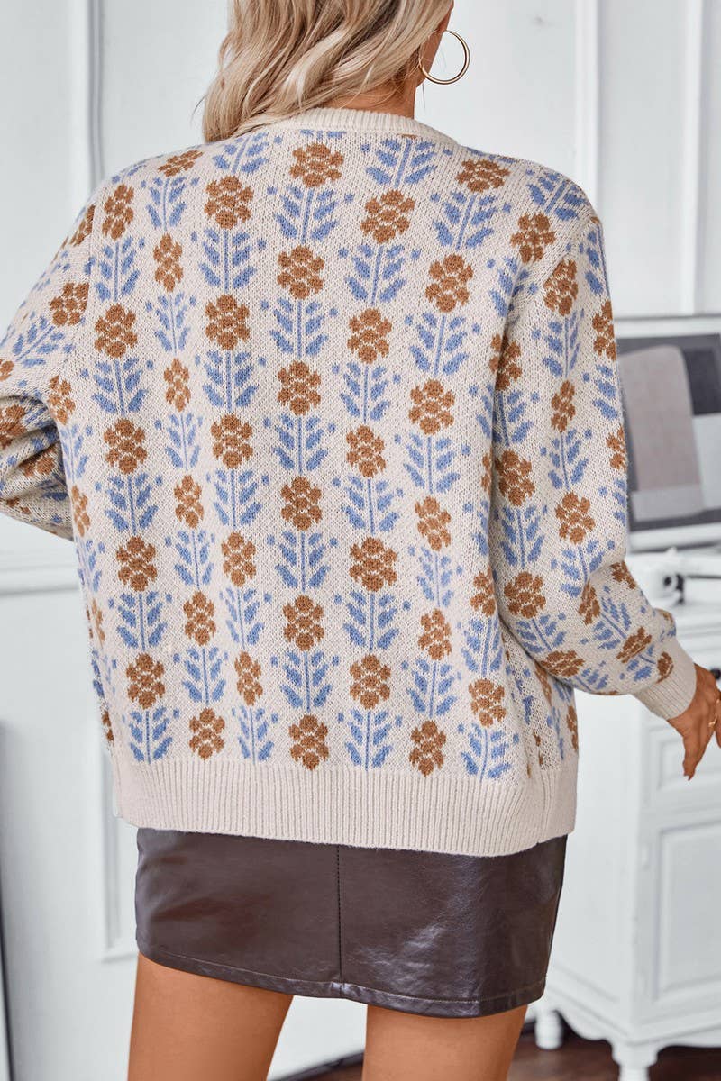 CWOCAL0842_SINGLE BREASTED JACQUARD KNIT CARDIGAN SWEATER