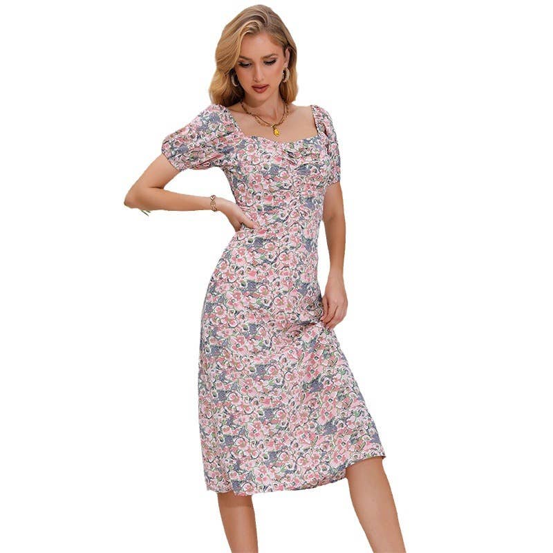 Boho Floral Square Neck Puff Sleeve Dress
