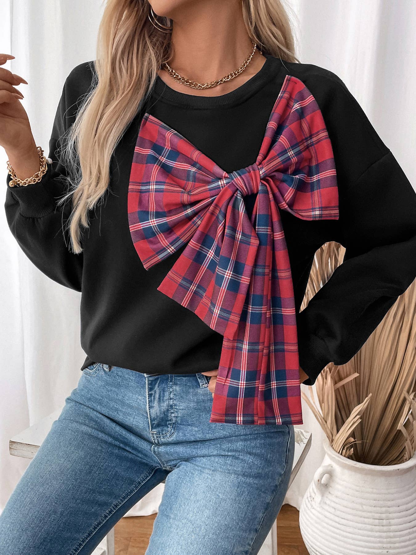 CREW NECK AND FLEECE PLAID BOW PATCHWORK HOODIE