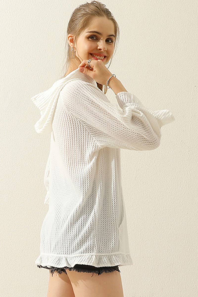 CWOHOL427_HOODED 3/4 RUFFLED SLEEVE KNIT SWEATER WITH POCKET