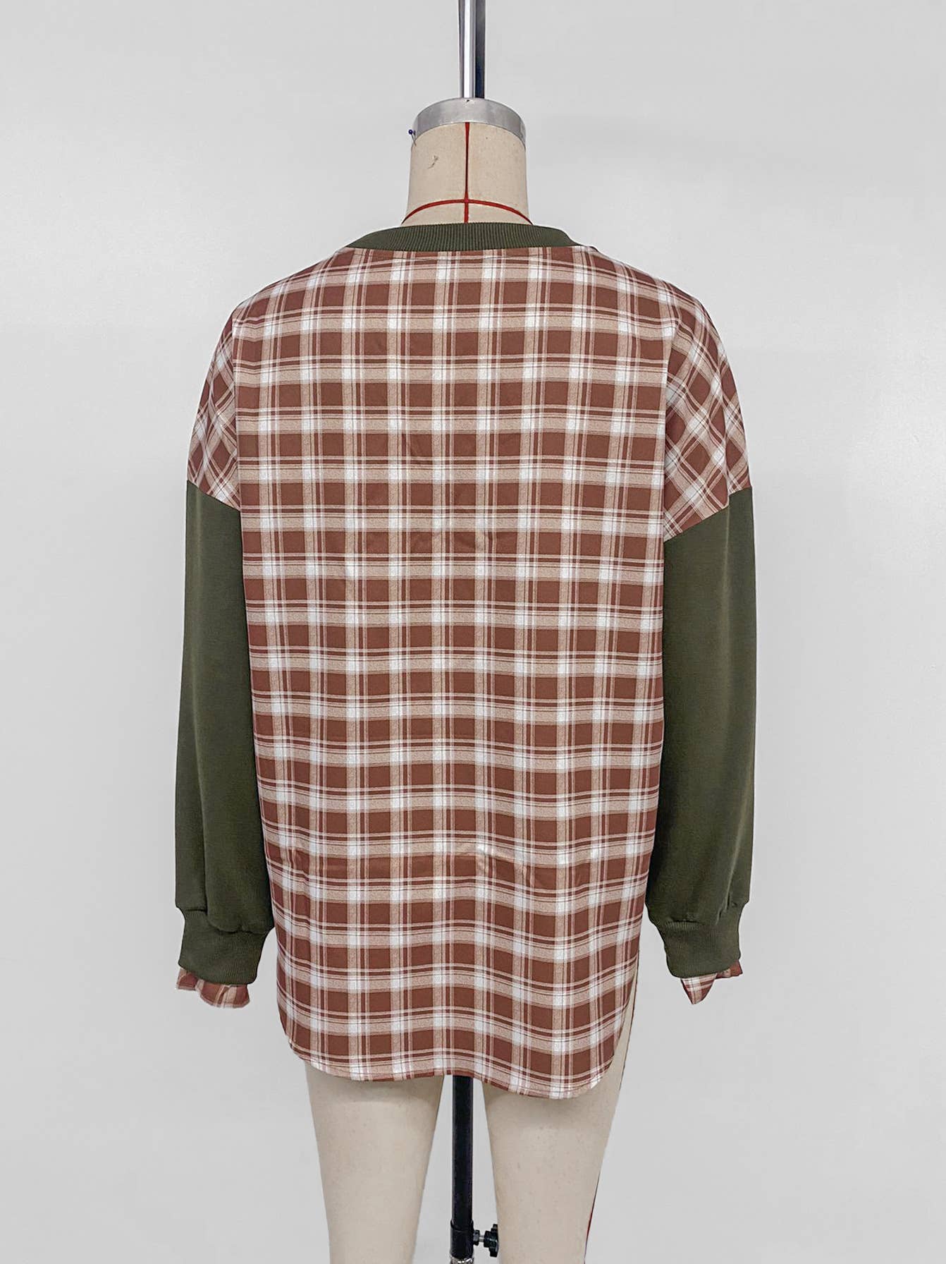 Checkered patchwork round-neck pullover hoodie