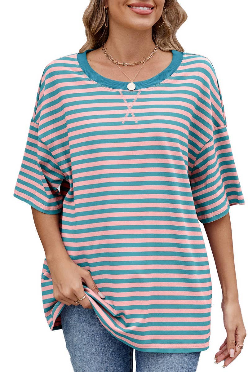 CWTBLS1736_STRIPED CONTRAST LOOSE SHORT-SLEEVED T-SHIRT TOP