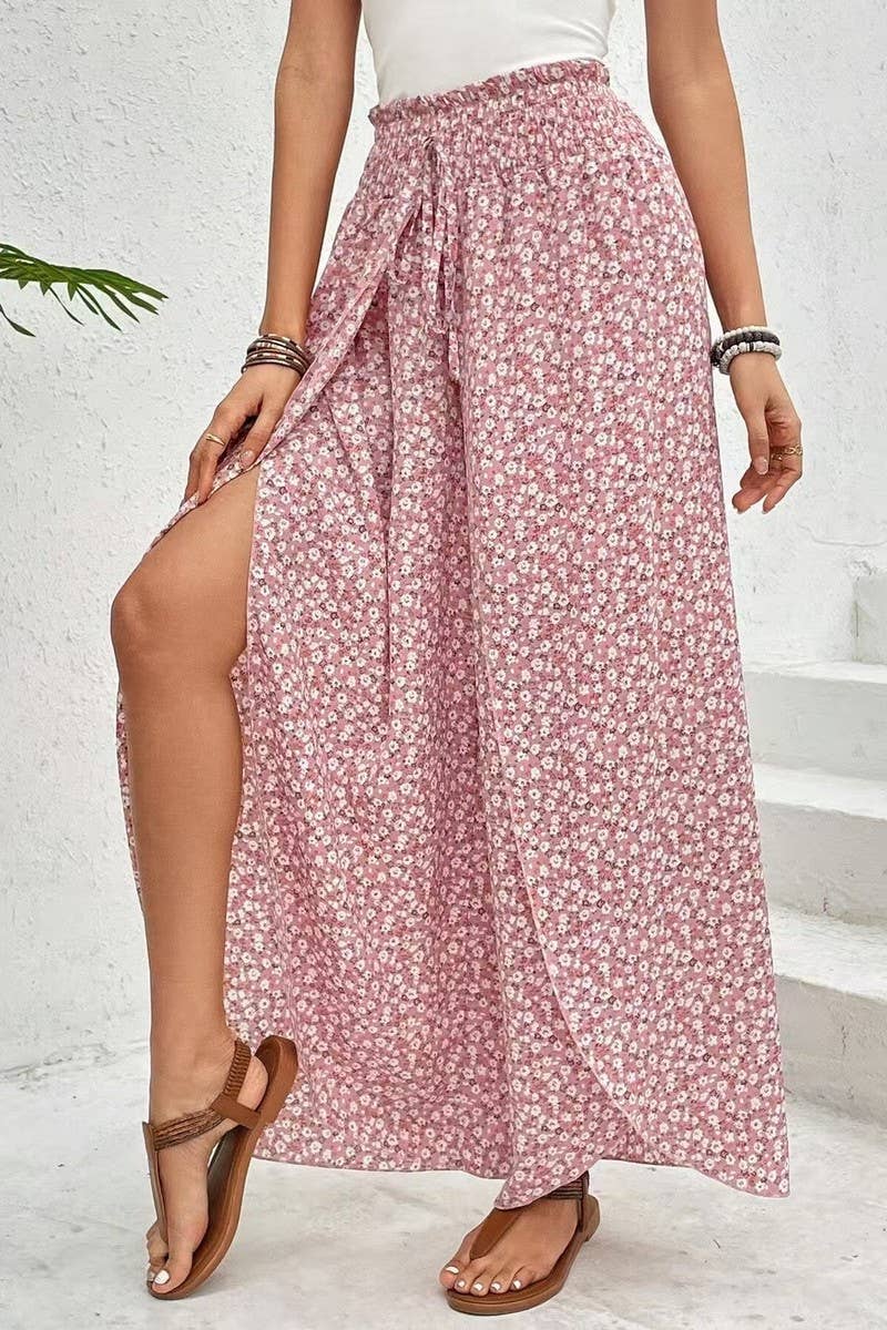 CWBLP2061_FLORAL SIDE SLIT WIDE LEG SKIRT PANTS