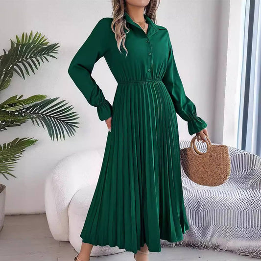 CASUAL LAPEL BUTTON WAIST PLEATED LONG DRESS