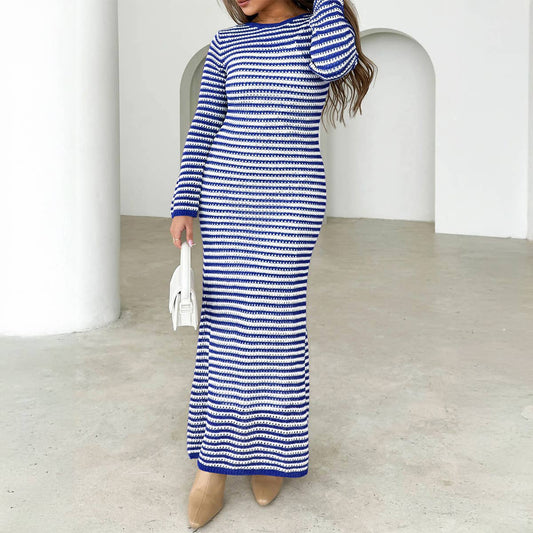 CASUAL COLOR CONTRAST STRIPED SWEATER DRESS