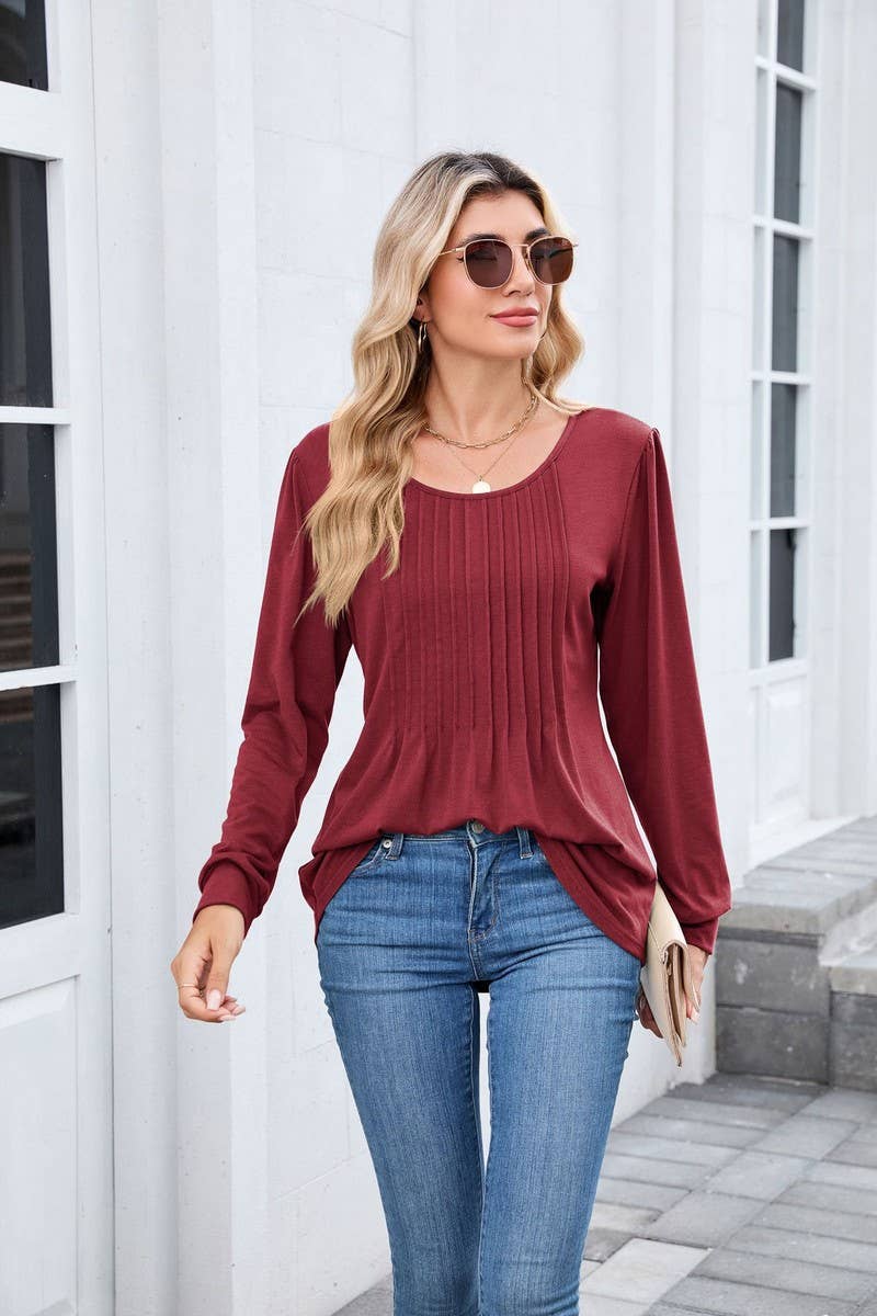 CWTBLL01305_CREW NECK SOLID RIBBED LONG SLEEVE CASUAL TEE