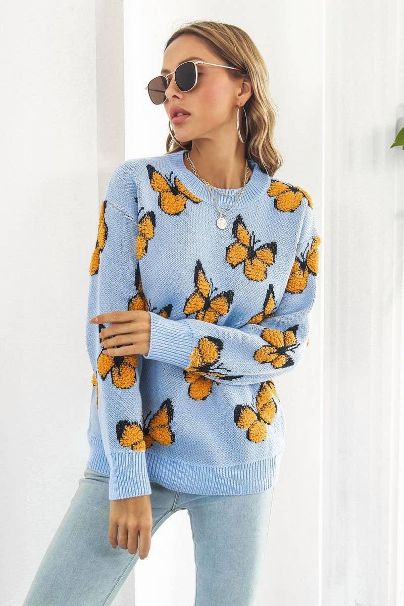 CWOSWL3964_3D BUTTERFLY JACQUARD CREWNECK KNITTED SWEATER