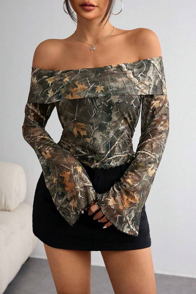 CWTBLL3470_MESH PRINTED OFF-SHOULDER LONG SLEEVE T-SHIRT TOP