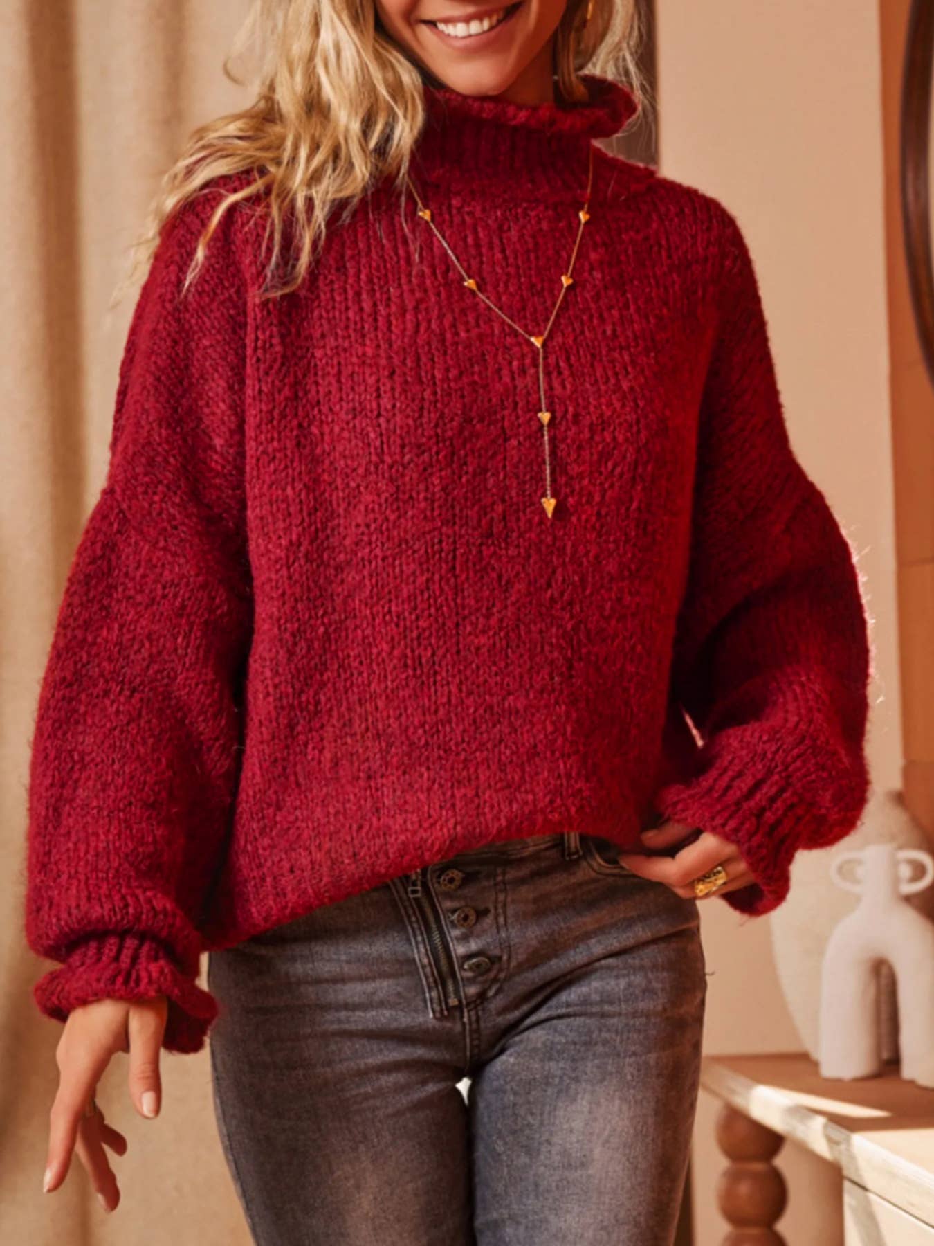 Casual high-neck solid color loose sweater