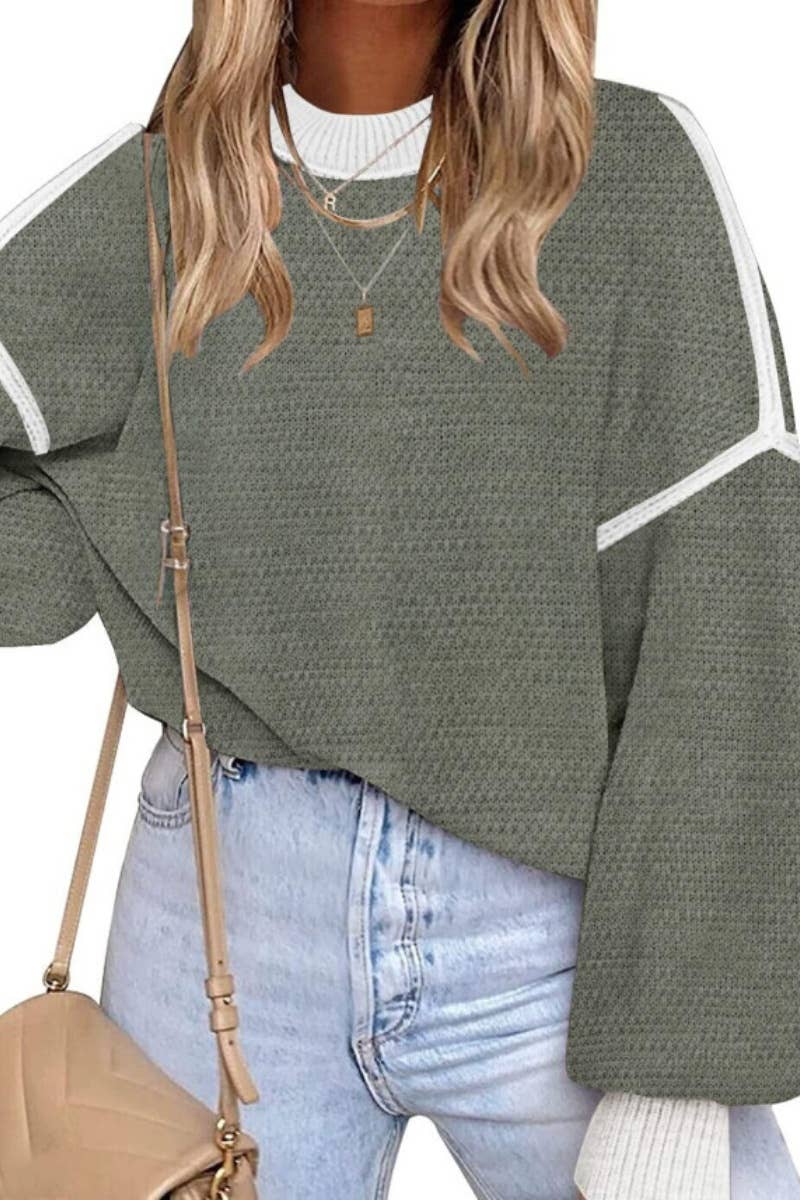 CWOSWL5180_CREW-NECK PATCHWORK LONG-SLEEVED SWEATER