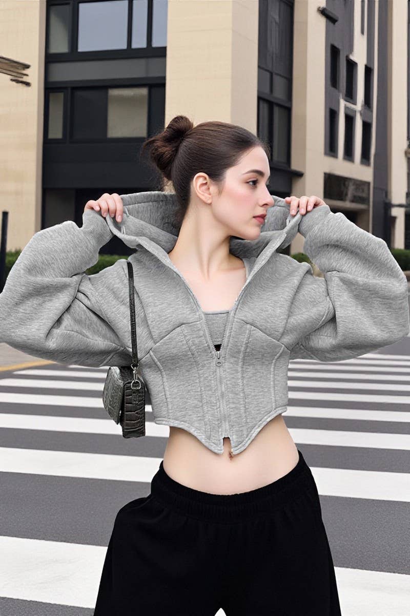 CWOCO00156_CROPPED ZIP-UP HOODED LONG-SLEEVED SWEATSHIRT