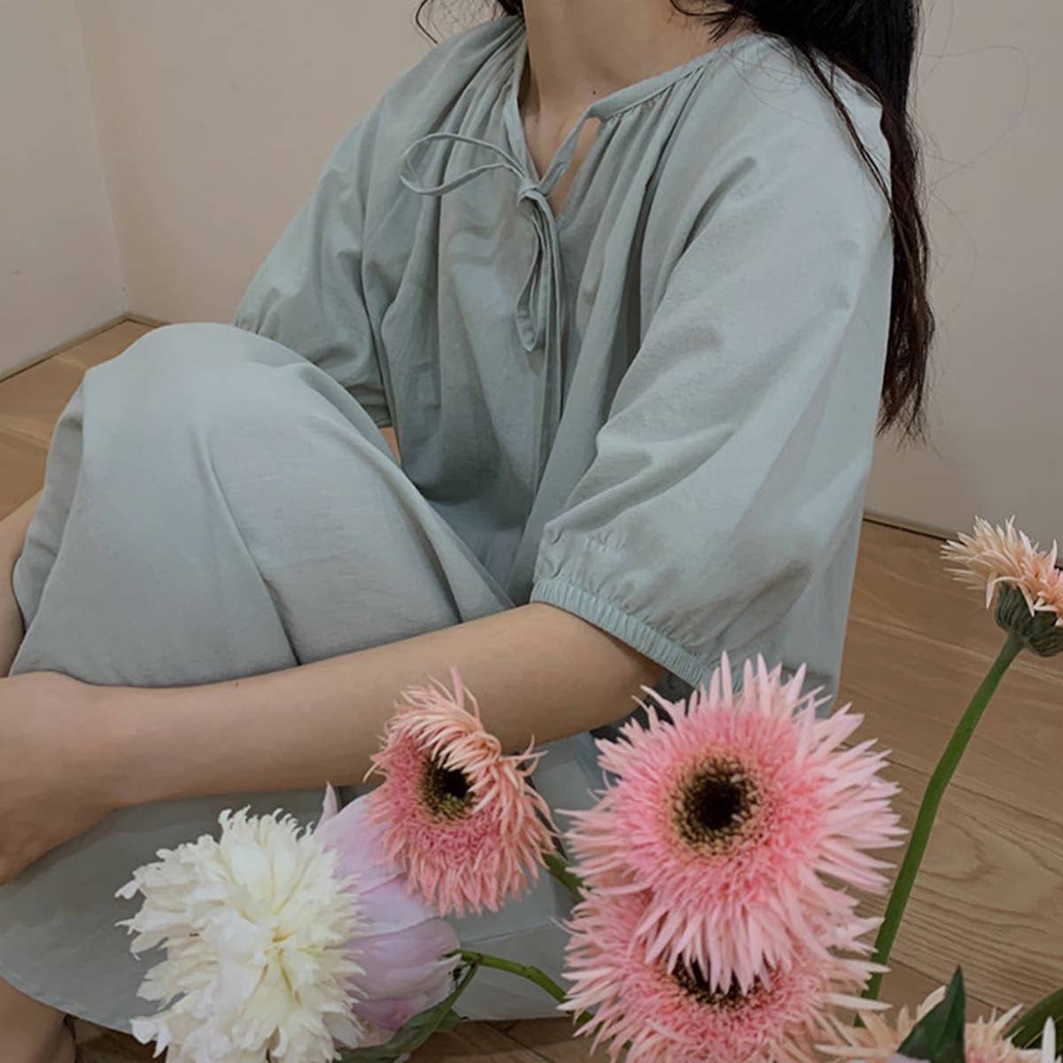 COTTON LACE DESIGN PUFFY SLEEVE DRESS