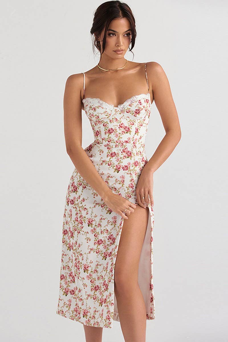 CWDMD4132_SMALL FLORAL BOHEMIAN SLIT SEXY SUSPENDER DRESS