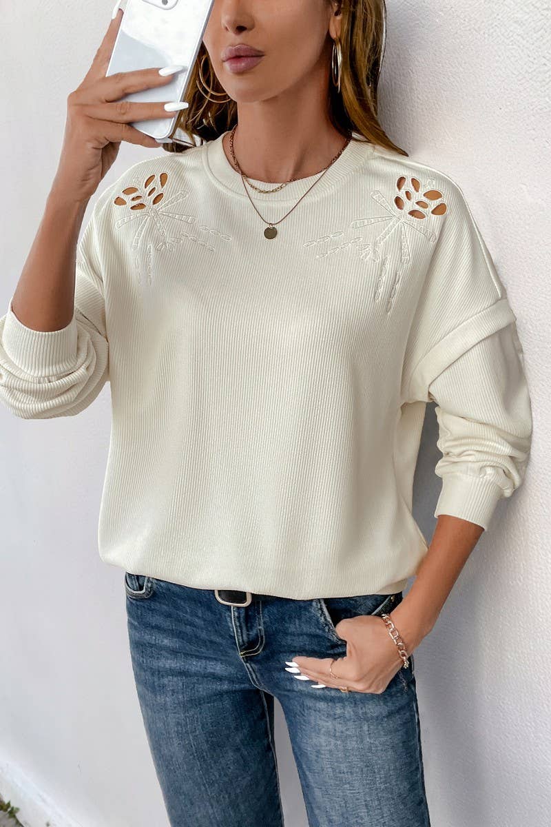 CWTBLL3742_ROUND NECK CASUAL LONG SLEEVE PULLOVER TOP