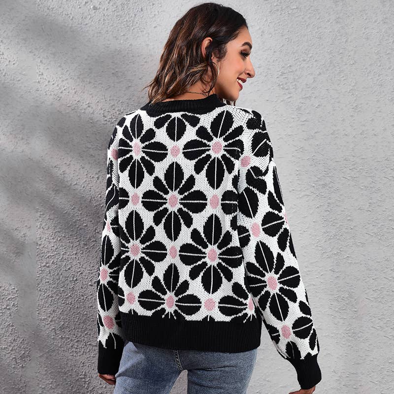 FLORAL DROP SHOULDER LONG-SLEEVED KNIT SWEATER