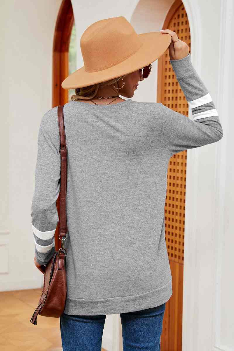 CWOSWL6552_V-NECK LONG SLEEVE STRIPED COLOR MATCHING TOP