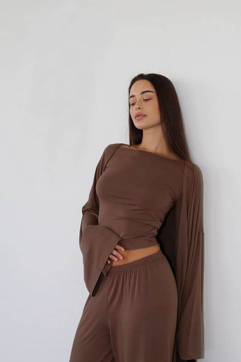 CWSPJ450_SOLID COLOR LONG-SLEEVED KNITTED PAJAMAS SET