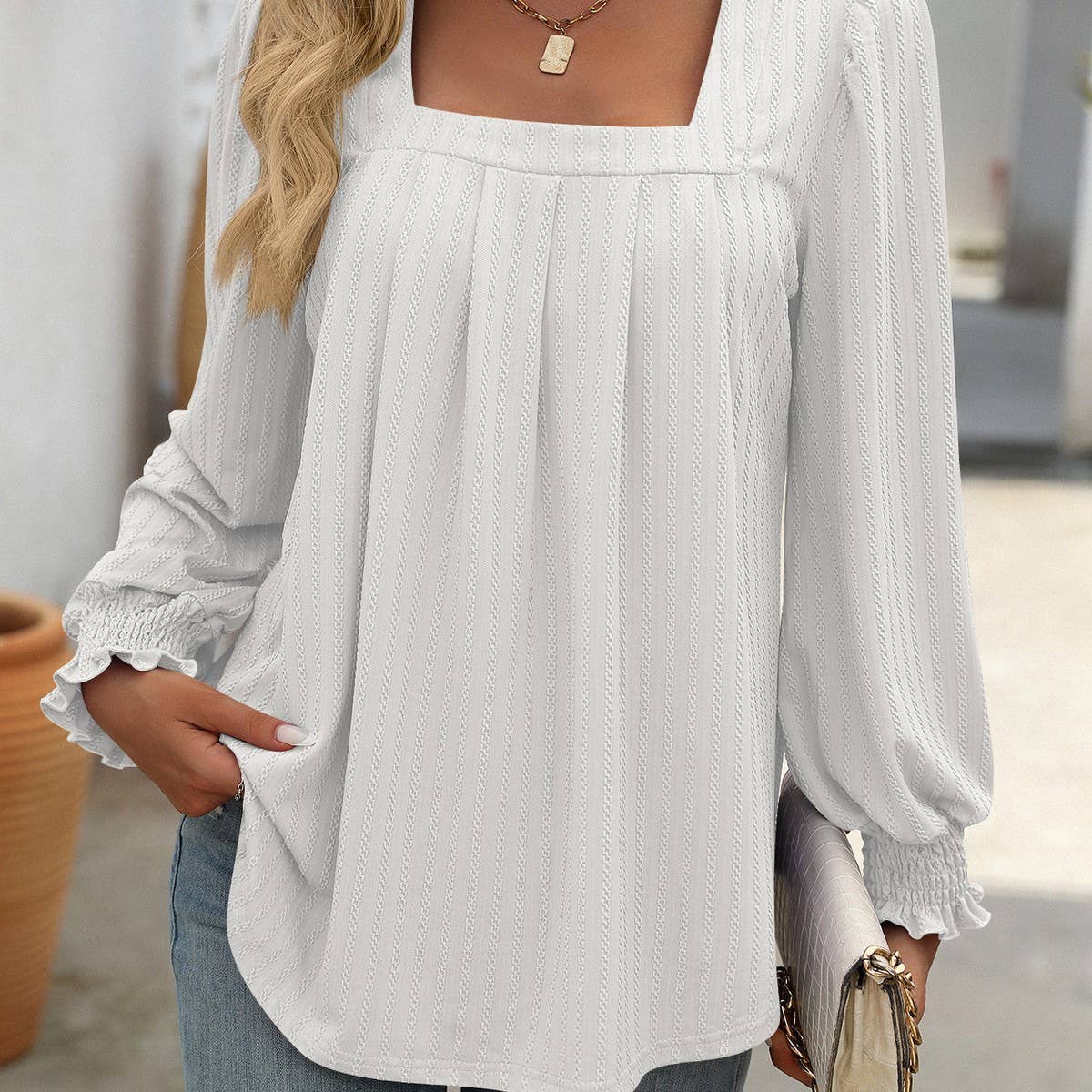 Casual square neck pleated long sleeve T-shirt