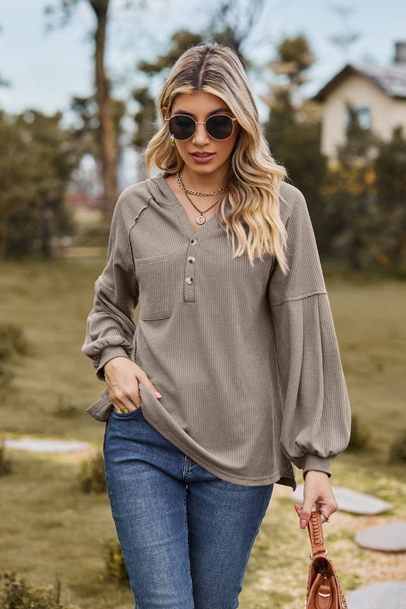 CWOHOL1095_NEW HOODED BUTTON LOOSE LONG-SLEEVED SWEATSHIRT