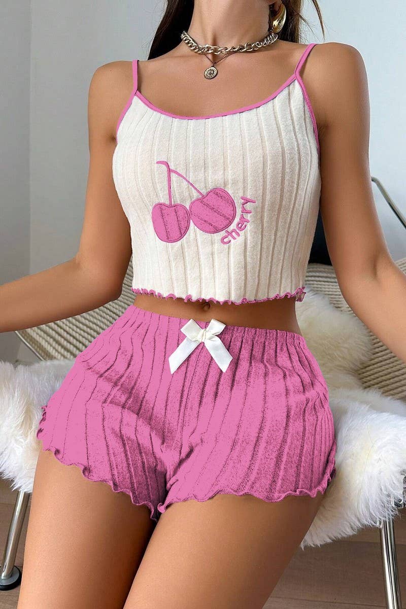 CWSPJ00469_EMBROIDERED FLANNEL CAMI PAJAMA SHORTS SET