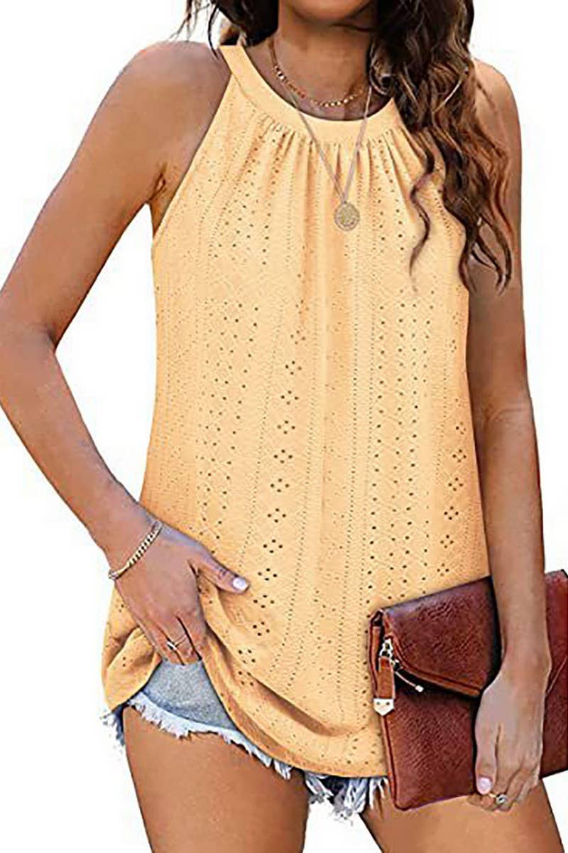 CWTTSL00214_SUMMER NEW ROUND NECK VEST HOLLOW SLEEVELESS TOP
