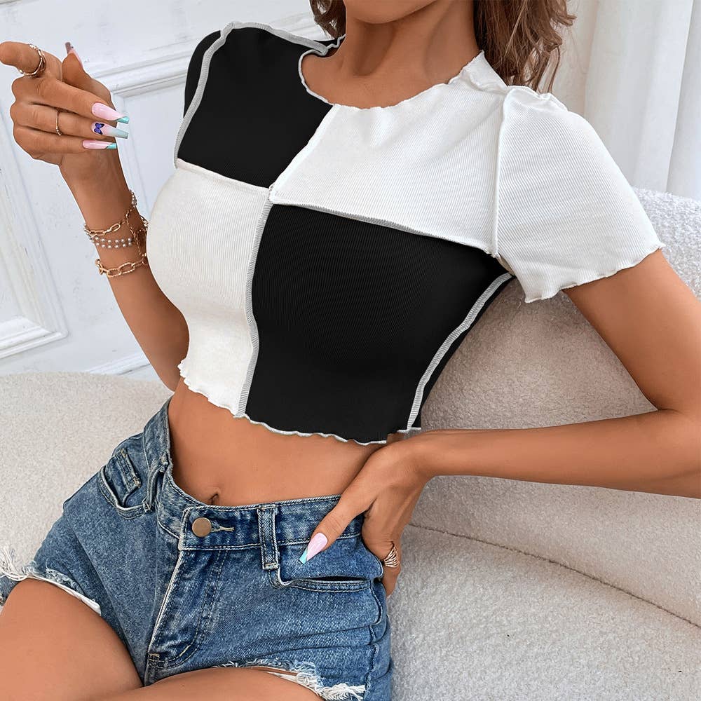 Color contrast knit short sleeve T-shirt top