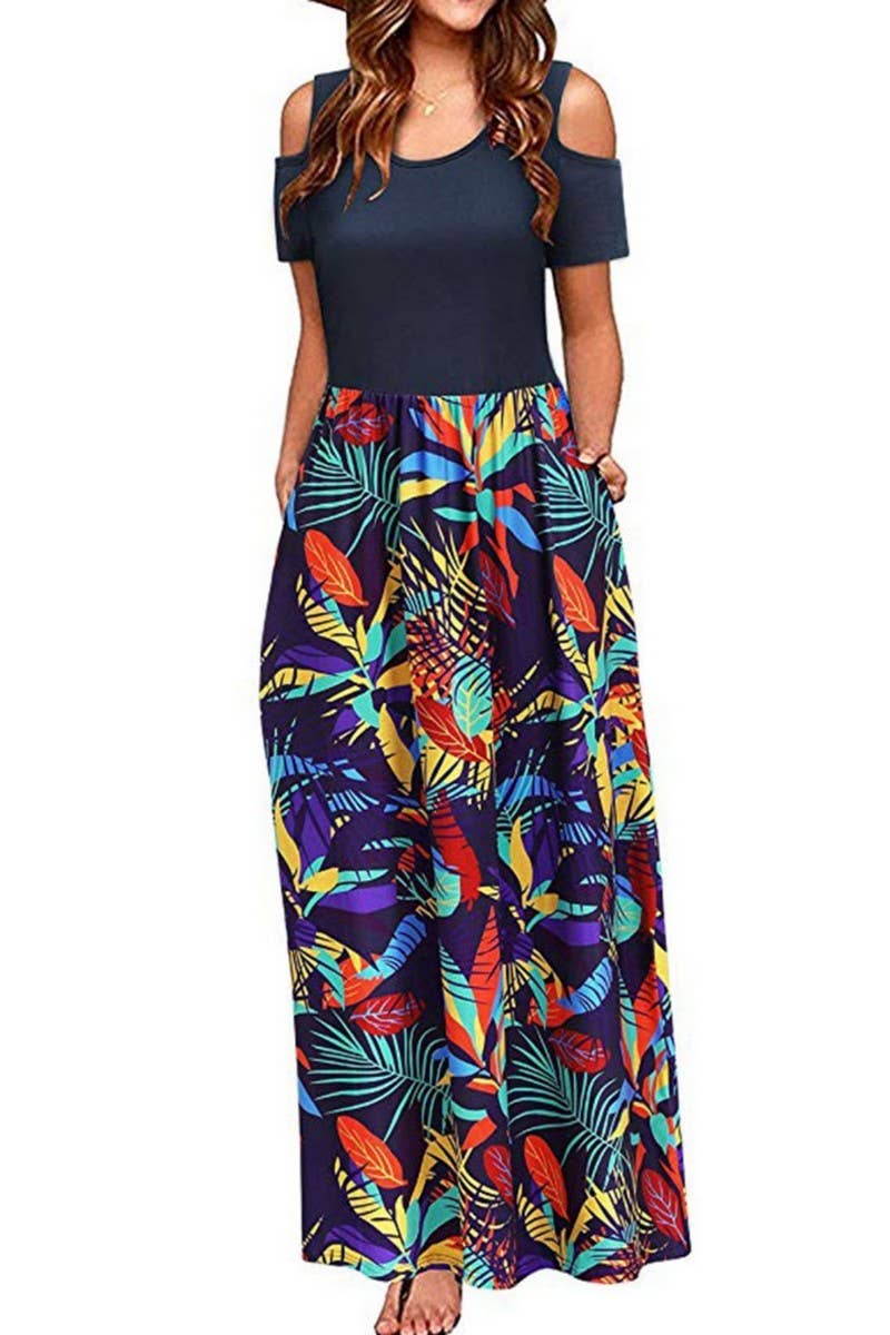 CWDMD2070_ROUND NECK FASHIONABLE SHORT SLEEVE LONG DRESS